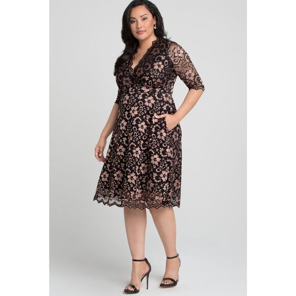 Kiyonna Cocktail Party Dress Mon Cherie Style Lace Rose Gold Pockets Sze 10-12 - Picture 2 of 8